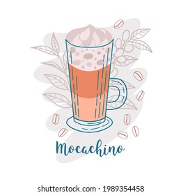 Glass cup of mocachino coffee on pastel colorful background with coffee beans and coffee branch composition. Hand drawn poster. Stock vector illustration. 