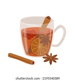 Glass cup with Mulled wine with anise, cinnamon, berries, orange isolated on white background. Traditional fall and winter drinks, beverage vector illustration. Autumn hot spicy sangria, tea.