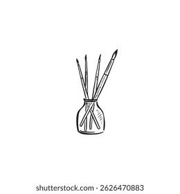Uma xícara de vidro com pincéis. Mão desenhada em preto. 