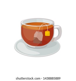 Glass cup with saucer with black tea and tea bag  inside vector illustration isolated on white background. Hot black tea vector