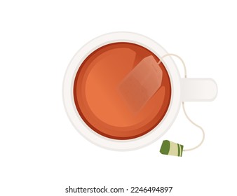 Glass cup with saucer with black tea and tea bag inside vector illustration isolated on white background