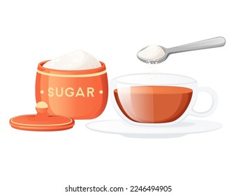 Glass cup with saucer with black tea and spoon drops sugar vector illustration isolated on white background