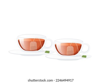 Glass cup with saucer with black tea and tea bag inside vector illustration isolated on white background