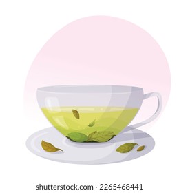 Glass cup with saucer with green herbal tea. Hot herbal tea vector