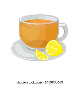 Glass cup with saucer with   tea inside and lemon slice  vector illustration isolated on white background. Hot citrus tea vector