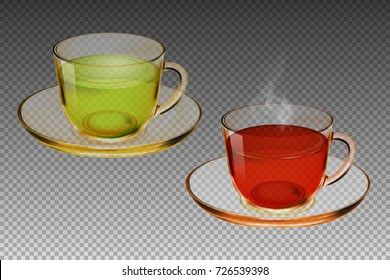 Glass cup set with green and black tea on transparent background. Realistic vector, 3D
