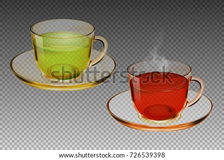 Glass cup set with green and black tea on transparent background. Realistic vector, 3D