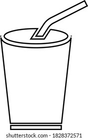 Glass cup of soda with a straw contour isolated on a white background. Vector black and white illustration. Great for labels, menus, posters, banners, vouchers, coupons, business promotion and more.