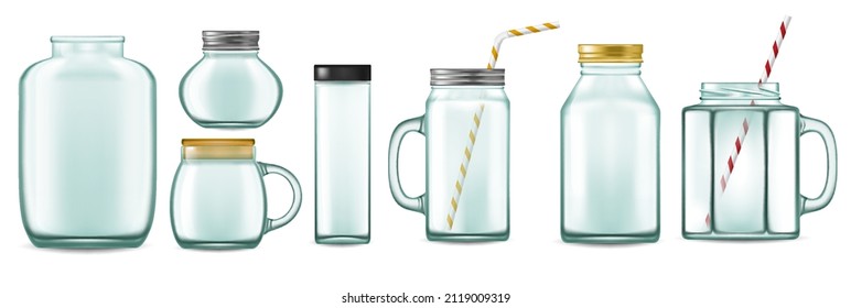 Glass cup with straw. Realistic transparent glass jar with metal caps and straws for detox drinks. Vector set