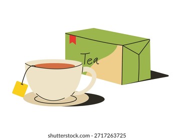 Taza de cristal con la bolsa de té dentro y el paquete de té dibujado a mano estilo