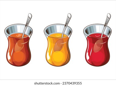 Glass Cup of Tea, Black Red Green Tea. Turkish Tea Realistic Illustration. Perfect for Tea Shop, Cafe Banner