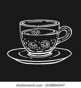 Glass cup of tea, chamomile. Hand drawn vector illustration in outline style.