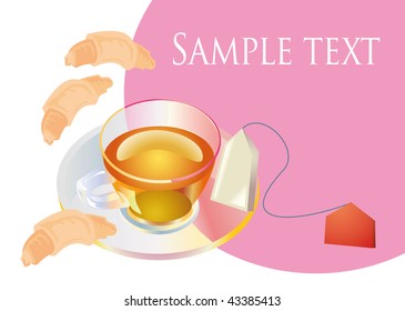 Glass cup with tea and fresh rolls
