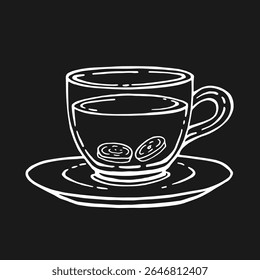 Glass cup of tea, ginger. Hand drawn vector illustration in outline style.