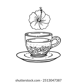 Glass cup of tea, hibiscus. Hand drawn vector illustration in outline style.