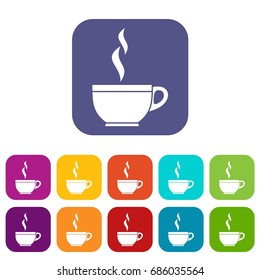 Glass cup of tea icons set vector illustration in flat style in colors red, blue, green, and other