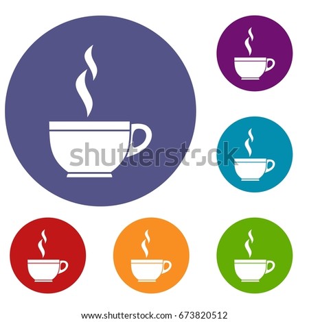 Glass cup of tea icons set in flat circle reb, blue and green color for web