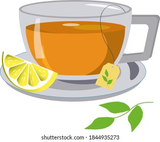 Glass cup with tea and lemon. International tea day template. For logos, decor, greetings and designs. Vector illustration isolated on white background. 