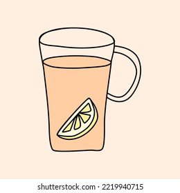 Glass cup with tea and lemon slice, doodle style flat vector