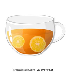 Glass cup tea with lemon slices. Icon vector illustration. Healthy drinks concept.