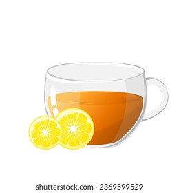 Té de copa de vidrio con rebanadas de limón. Icono de ilustración vectorial. El concepto de bebidas saludables.