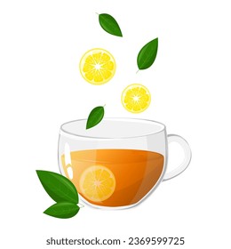 Glass cup tea with lemon slices and fresh green tea leaves. Icon vector illustration. Healthy drinks concept.