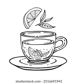 Glass cup of tea, lemon slices, tea leaves. Hand drawn vector illustration in outline style.