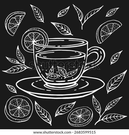 Glass cup of tea, lemon slices, tea leaves. Hand drawn vector illustration in outline style.