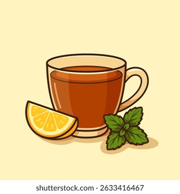 Glass cup of tea with lemon wedge and mint leaves on light beige background.
