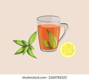 Glass cup with tea and mint