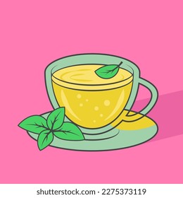 Glass cup with tea and mint leaves. Vector illustration. Transparent mug with herb tea isolated on pink background.
