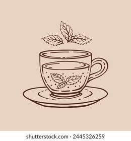 Glass cup tea, mint leaves. Hand drawn vector illustration in outline style.