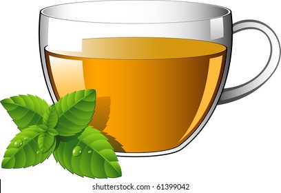 Glass cup of tea with mint leaves. Over white