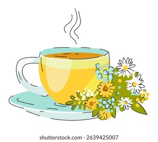 Glass cup of tea on a saucer with a bouquet of wildflowers. Herbal tea. Hot chamomile drink. Vector illustration, isolated on white. Cute design. Cartoon style.