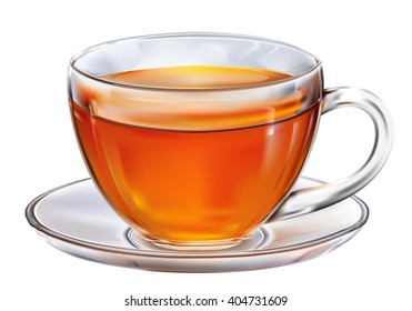 Glass cup with tea on white background. Vector illustration