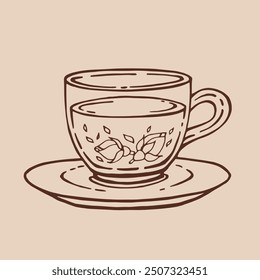 Glass cup of tea, rose. Hand drawn vector illustration in outline style.