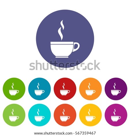 Glass cup of tea set icons in different colors isolated on white background