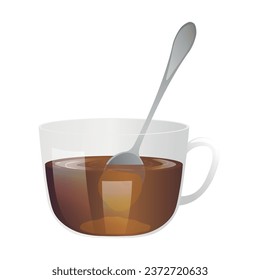 Glass cup of tea with sweet honey and spoon on white background