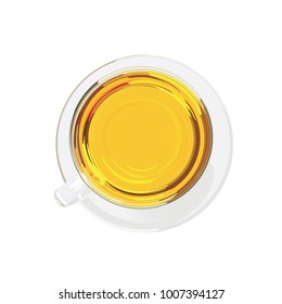 A glass cup of tea. View from above. Isolated over white background.