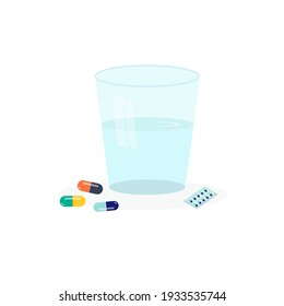 Glass Cup Of Water And Pills. Capsules Separately And In Packaging. The Concept Of Pharmacy, Medication, Treatment, Prophylaxis And Healthcare. Vector