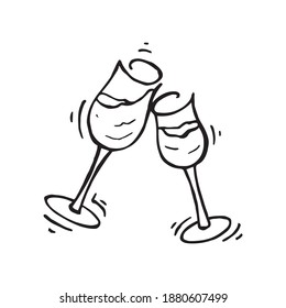 Glass cups cheering together and celebrating, hand drawn single symbol and illustration. Wine glasses and drinks, original outline drawing. Cup toasting and liquid inside cartoon silhouette decoration