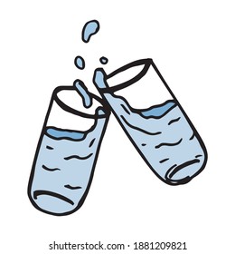 Glass cups cheering together and celebrating, hand drawn single symbol and illustration. Juice glasses and drinks, outline colored drawing. Cup toasting with liquid inside, simple cartoon decoration.