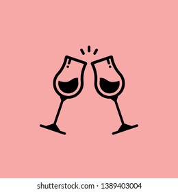 Glass cups cheers icons. Wine icon in trendy flat style isolated on pink background