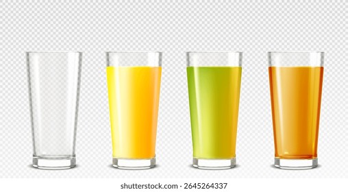 Glass cups with colorful juice and empty tumbler on transparent bg - clear drinking vessels filled with bright beverages for refreshment. Realistic glassware with various liquid for restaurant menu