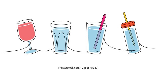 Vidrio para un dibujo continuo de una línea de color. Ilustración continua de una línea con vasos vacíos. Ilustración lineal vectorial.