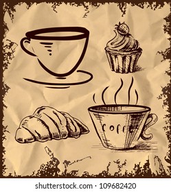 Glass cups and sweets icons isolated on vintage background. Hand drawing sketch vector illustration
