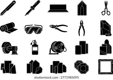 Glass cutting tool icons collection with safety gear equipment in black