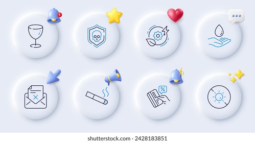 Iconos de línea de vidrio, ciberataque y cuidado de agua. Botones con campana 3d, voz de chat, cursor. Paquete de fumar, carta de rechazo, icono de energía verde. Tarjeta de crédito, sin pictograma solar. Vector