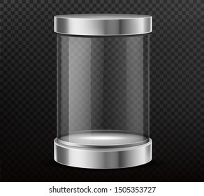 Glass cylinder capsule, empty round showcase, exhibit transparent display box with steel cap, podium isolated 3d realistic vector illustration. Safety container, product presentation, packaging mockup