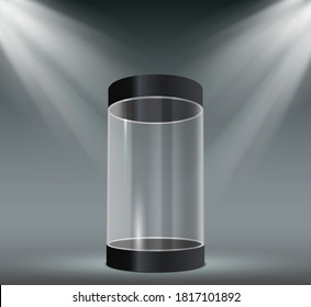 Glass cylinder showcase. Transparent plastic case, empty product or museum display with spotlights. Exhibition stand for exhibit vector. Capsule with illumination. Safety container
